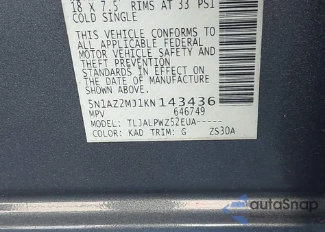 2019 Nissan Murano S из США, поврежденный, VIN 5N1AZ2MJ1KN143436